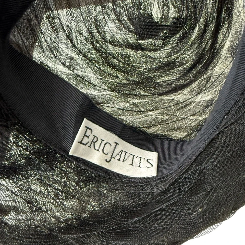 Vintage Eric Javits Black Mesh Birdcage Veil Hat with Cream Flower and Pom-Poms - Picture 2 of 8